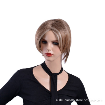 wholesale Short Straight Hair natural  Brown mix blonde  heat resistant synthetic hair Wigs for women